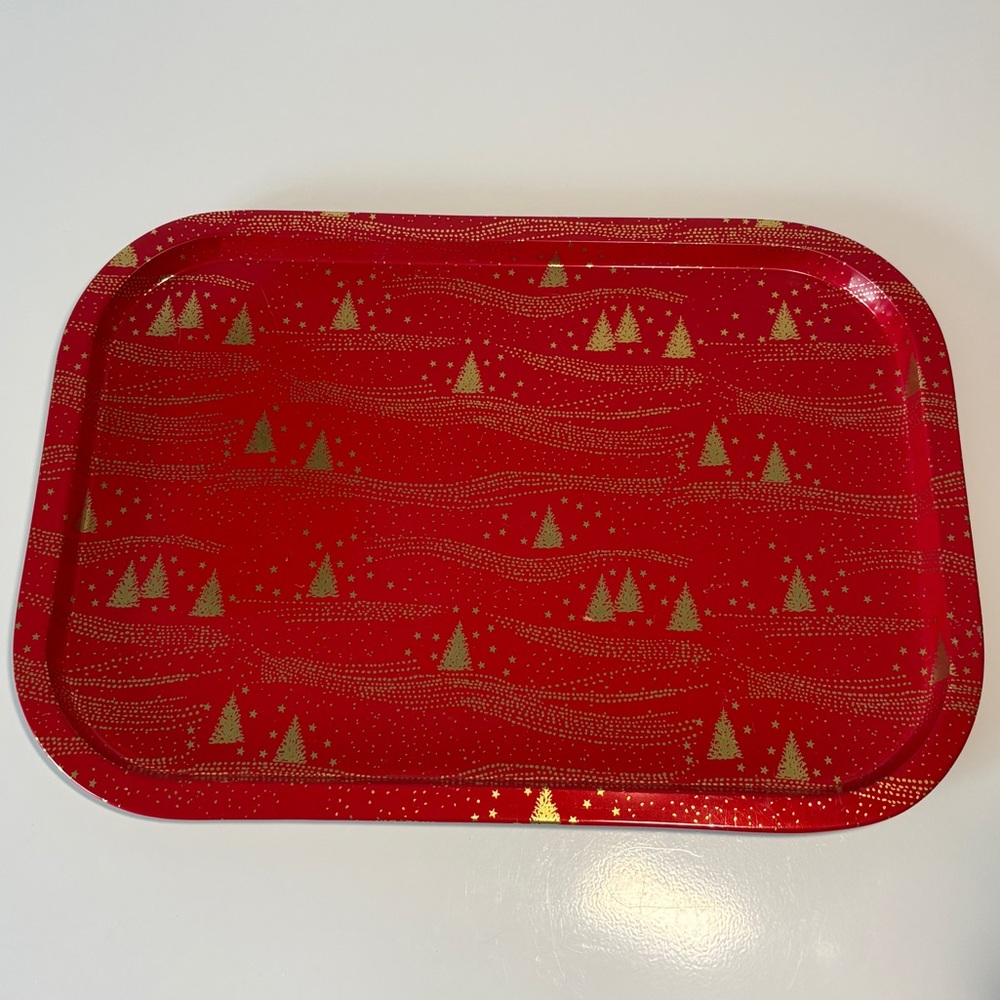 Vintage Christmas Metal Tray Pine Trees Red and Gold
